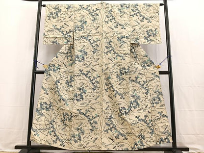 平和屋着物＊夏物　生紬　型染め　彩巧草木染　草花文　反端付き　正絹　逸品　BAAW2222yc