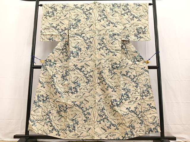 平和屋着物＊夏物　生紬　型染め　彩巧草木染　草花文　反端付き　正絹　逸品　BAAW2222yc
