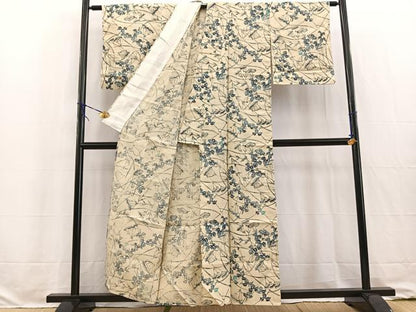 平和屋着物＊夏物　生紬　型染め　彩巧草木染　草花文　反端付き　正絹　逸品　BAAW2222yc