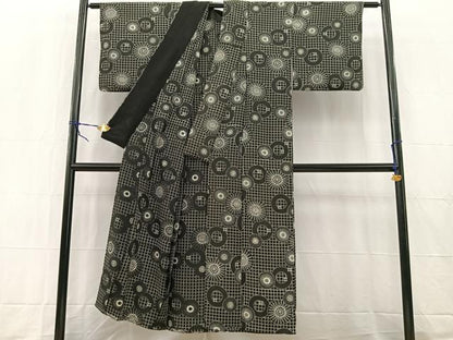 平和屋着物▽上質な小紋 単衣 型染め 花丸文 黒地 正絹 逸品 BAAW2241yc