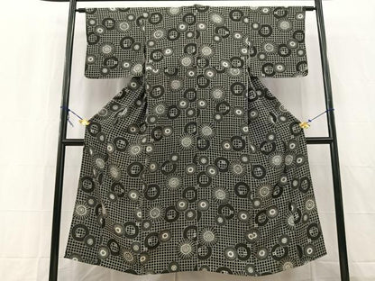平和屋着物▽上質な小紋 単衣 型染め 花丸文 黒地 正絹 逸品 BAAW2241yc