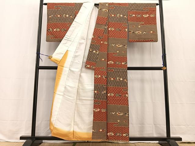 平和屋着物▽日本のきもの研究家　三田村環　小紋　単衣　ふくれ織り　吉祥花文　金彩　ロング丈　正絹　逸品　BAAT0617yc 平和屋着物▽日本のきもの研究家 三田村環 小紋 単衣 ふくれ織り 吉祥