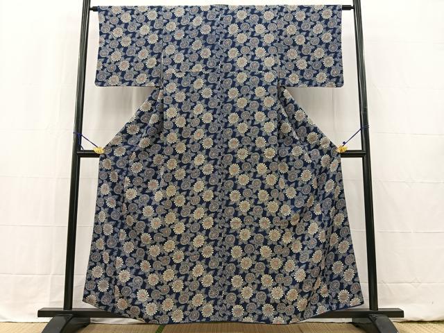 平和屋着物●上質な小紋　藍　型染め　瓢箪吉祥花文　木綿　逸品　CABC2148ut 平和屋着物○上質な小紋 藍 型染め 瓢箪吉祥花文 木綿 逸品 CABC2148ut