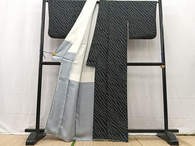 平和屋着物■上質な小紋 幾何学文様 黒地 正絹 逸品 BAAW2415yc