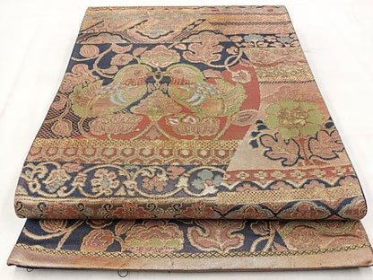 平和屋着物◎六通柄袋帯　向かい鳥更紗花文　金糸　正絹　逸品　BAAW2439yc