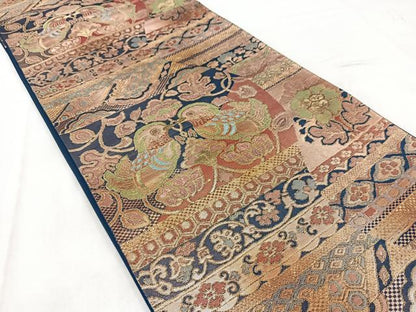 平和屋着物◎六通柄袋帯　向かい鳥更紗花文　金糸　正絹　逸品　BAAW2439yc