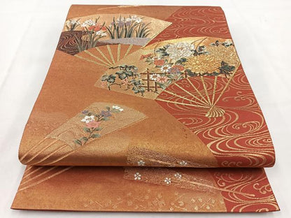 平和屋着物◎六通柄袋帯　唐織　流水扇花文　金糸　引箔　正絹　逸品　BAAW2441yc