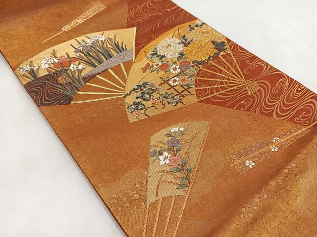 平和屋着物◎六通柄袋帯　唐織　流水扇花文　金糸　引箔　正絹　逸品　BAAW2441yc