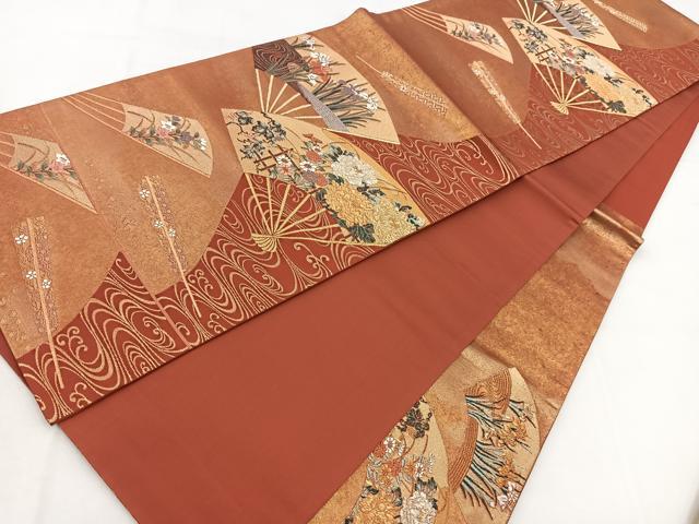 平和屋着物◎六通柄袋帯　唐織　流水扇花文　金糸　引箔　正絹　逸品　BAAW2441yc