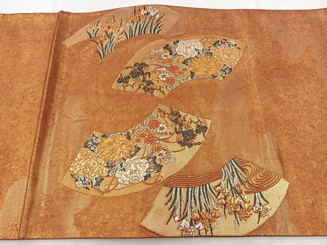 平和屋着物◎六通柄袋帯　唐織　流水扇花文　金糸　引箔　正絹　逸品　BAAW2441yc