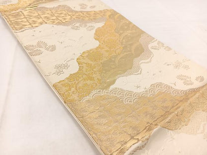 平和屋着物◎六通柄袋帯　道長更紗花蝶文　金糸　正絹　逸品　BAAW2445yc