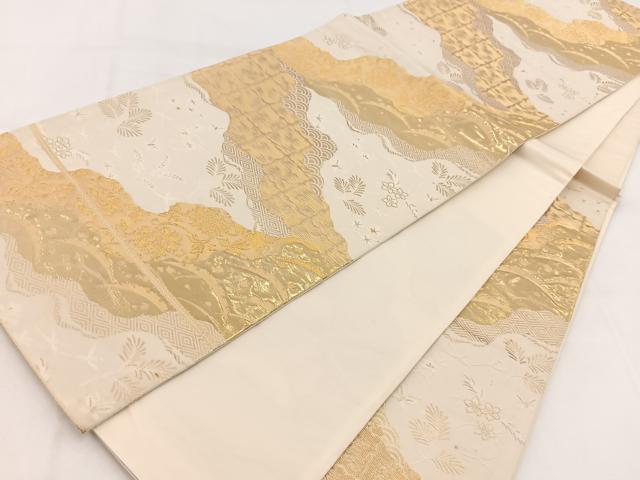 平和屋着物◎六通柄袋帯　道長更紗花蝶文　金糸　正絹　逸品　BAAW2445yc