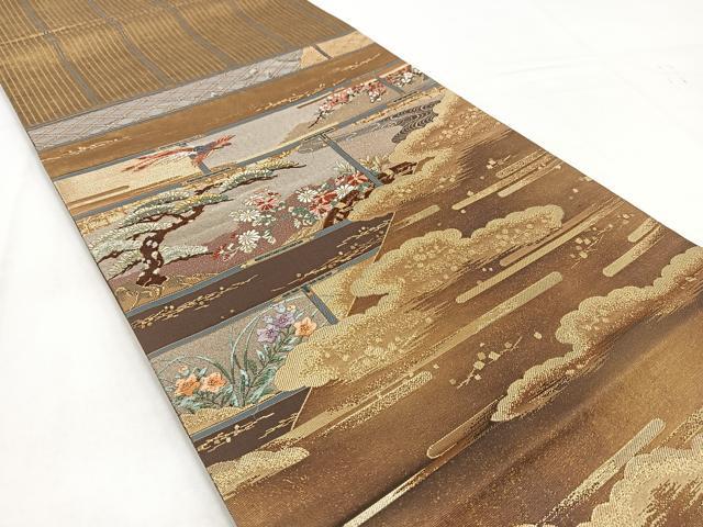 平和屋着物◎六通柄袋帯　唐織　珀綾　鳳凰風景花文　金銀糸　正絹　逸品　BAAW2456yc