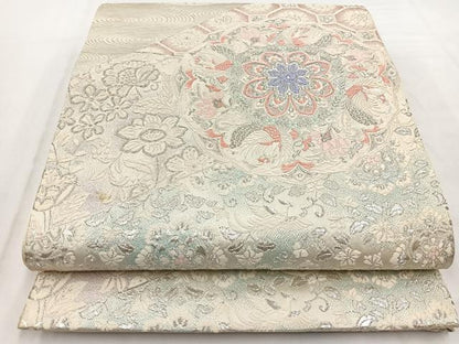 平和屋着物◎六通柄袋帯　唐織　鳳凰更紗花丸文　銀糸　正絹　逸品　BAAW2459yc