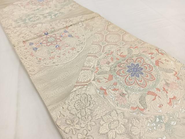 平和屋着物◎六通柄袋帯　唐織　鳳凰更紗花丸文　銀糸　正絹　逸品　BAAW2459yc