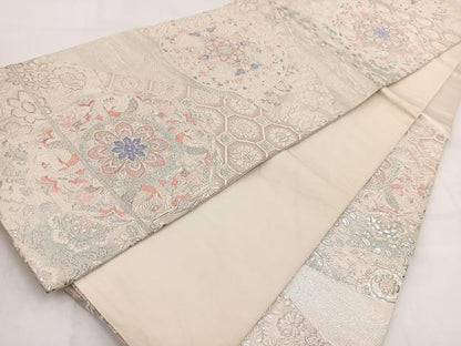 平和屋着物◎六通柄袋帯　唐織　鳳凰更紗花丸文　銀糸　正絹　逸品　BAAW2459yc