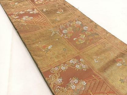 平和屋着物◎六通柄袋帯 天井蒔絵紋 手工芸 金糸 引箔 正絹 逸品 BAAW2462yc
