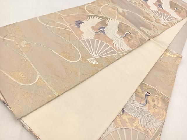 平和屋着物◎六通柄袋帯　唐織　飛鶴扇面花文　金銀糸　正絹　逸品　BAAW2468yc