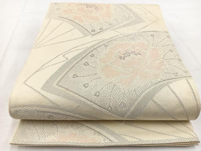 平和屋着物◎六通柄袋帯　唐織　扇面牡丹文　花　銀糸　正絹　逸品　BAAW2482yc