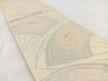 平和屋着物◎六通柄袋帯　唐織　扇面牡丹文　花　銀糸　正絹　逸品　BAAW2482yc