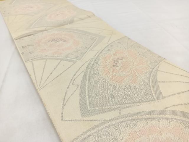 平和屋着物◎六通柄袋帯　唐織　扇面牡丹文　花　銀糸　正絹　逸品　BAAW2482yc