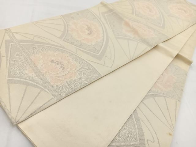 平和屋着物◎六通柄袋帯　唐織　扇面牡丹文　花　銀糸　正絹　逸品　BAAW2482yc