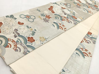 平和屋着物◎六通柄袋帯　唐織　花青海波　金銀糸　正絹　逸品　BAAW2502yc
