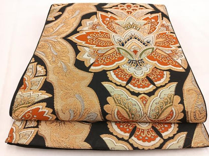 平和屋着物◎六通柄　本袋帯　唐織　更紗花文　黒地　金糸　正絹　逸品　BAAW2514yc