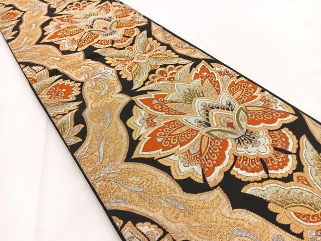 平和屋着物◎六通柄　本袋帯　唐織　更紗花文　黒地　金糸　正絹　逸品　BAAW2514yc