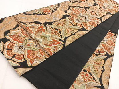 平和屋着物◎六通柄　本袋帯　唐織　更紗花文　黒地　金糸　正絹　逸品　BAAW2514yc