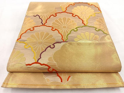 平和屋着物◎六通柄袋帯　唐織　雲重ね雪輪菊文　金糸　正絹　逸品　BAAW2515yc