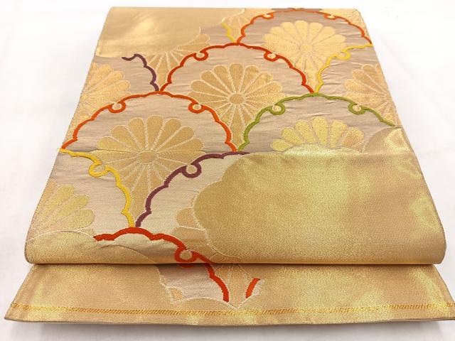 平和屋着物◎六通柄袋帯　唐織　雲重ね雪輪菊文　金糸　正絹　逸品　BAAW2515yc