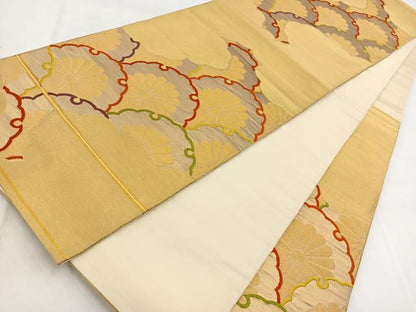 平和屋着物◎六通柄袋帯　唐織　雲重ね雪輪菊文　金糸　正絹　逸品　BAAW2515yc