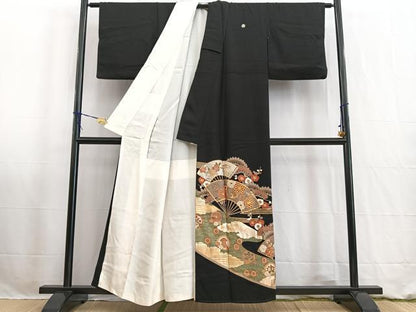 平和屋着物■豪華黒留袖 駒刺繍 扇面宝尽くし花文 金銀彩 正絹 逸品 BAAW2544yc