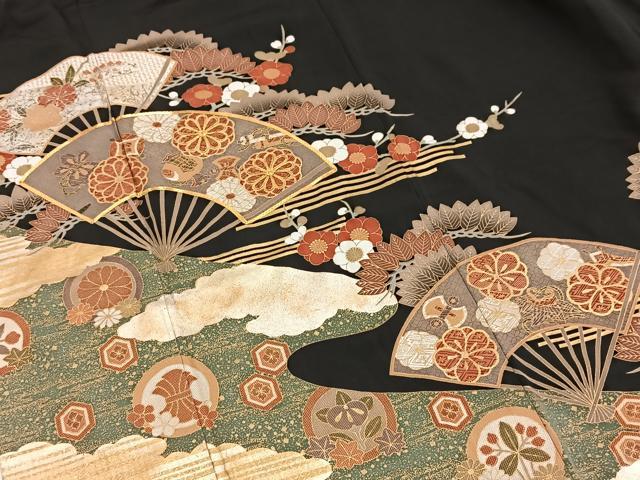 平和屋着物■豪華黒留袖 駒刺繍 扇面宝尽くし花文 金銀彩 正絹 逸品 BAAW2544yc
