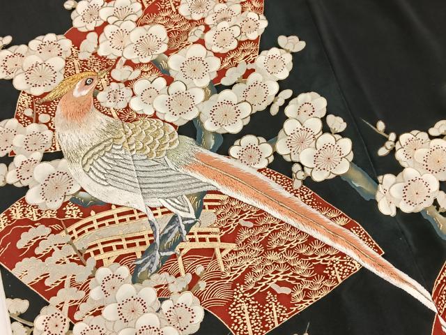 平和屋着物■豪華黒留袖 刺繍 尾長鳥地紙花文 金銀糸 正絹 逸品 BAAW2552yc