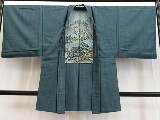 平和屋着物●男性　紬　アンサンブル　霞文　鉄御納戸色　正絹　逸品　未使用　BAAW2587yc