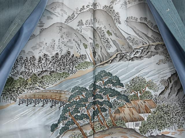 平和屋着物●男性　紬　アンサンブル　霞文　鉄御納戸色　正絹　逸品　未使用　BAAW2587yc