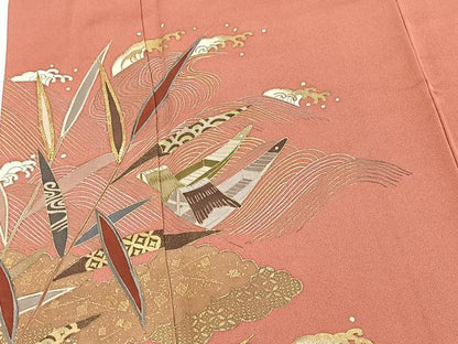 平和屋着物■豪華色留袖　駒刺繍　流水渡り舟文　甚三紅色　金彩　正絹　逸品　BAAW2609yc