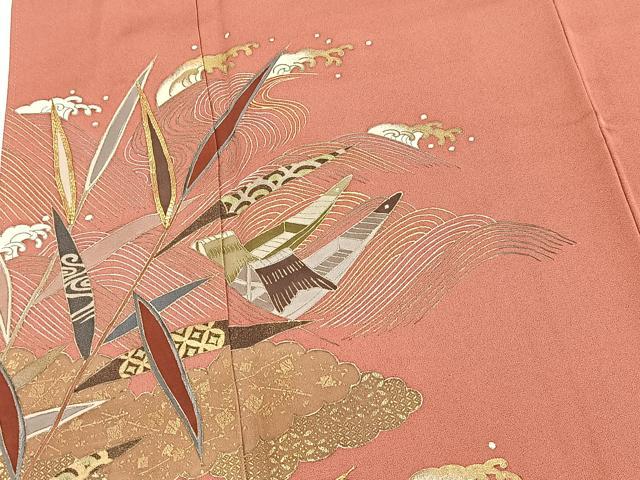 平和屋着物■豪華色留袖　駒刺繍　流水渡り舟文　甚三紅色　金彩　正絹　逸品　BAAW2609yc