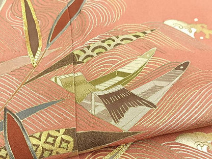 平和屋着物■豪華色留袖　駒刺繍　流水渡り舟文　甚三紅色　金彩　正絹　逸品　BAAW2609yc