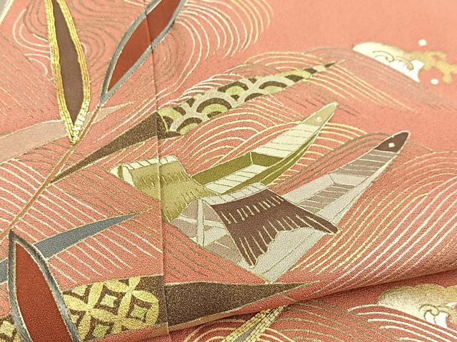 平和屋着物■豪華色留袖　駒刺繍　流水渡り舟文　甚三紅色　金彩　正絹　逸品　BAAW2609yc