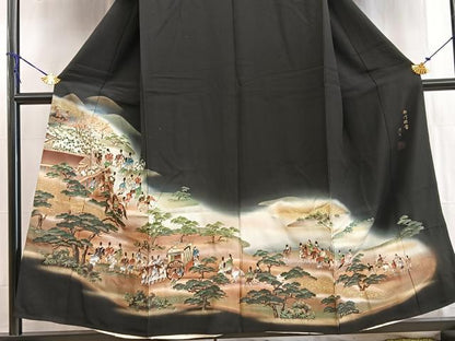平和屋着物▽豪華黒留袖　単衣　作家物　御門臨幸　平安人物風景文　暈し染め　金彩　やまと誂製　正絹　逸品　BAAW2651yc
