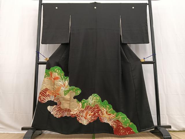 平和屋着物■豪華黒留袖 駒刺繍 道長舞蝶草葉文 金彩 正絹 逸品 BAAW2746yc
