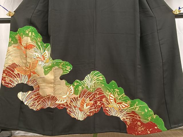 平和屋着物■豪華黒留袖 駒刺繍 道長舞蝶草葉文 金彩 正絹 逸品 BAAW2746yc