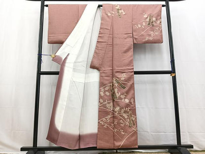平和屋着物■訪問着　短冊花文　退紅色　金銀彩　正絹　逸品　BAAW2749yc