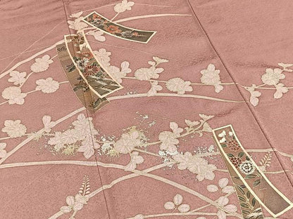 平和屋着物■訪問着　短冊花文　退紅色　金銀彩　正絹　逸品　BAAW2749yc