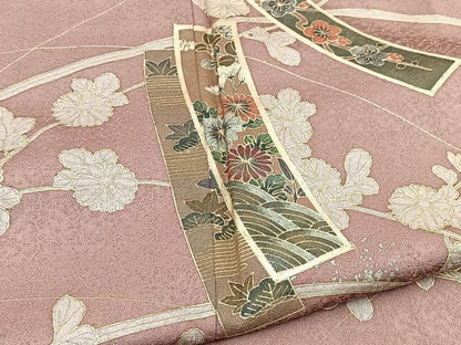 平和屋着物■訪問着　短冊花文　退紅色　金銀彩　正絹　逸品　BAAW2749yc