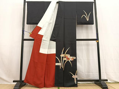 平和屋着物■訪問着　エ霞草花文　黒地　金彩　三越扱い　正絹　逸品　BAAW2795yc