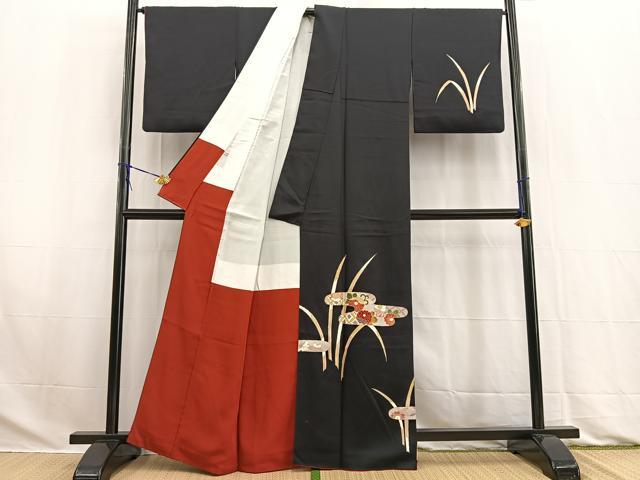 平和屋着物■訪問着　エ霞草花文　黒地　金彩　三越扱い　正絹　逸品　BAAW2795yc